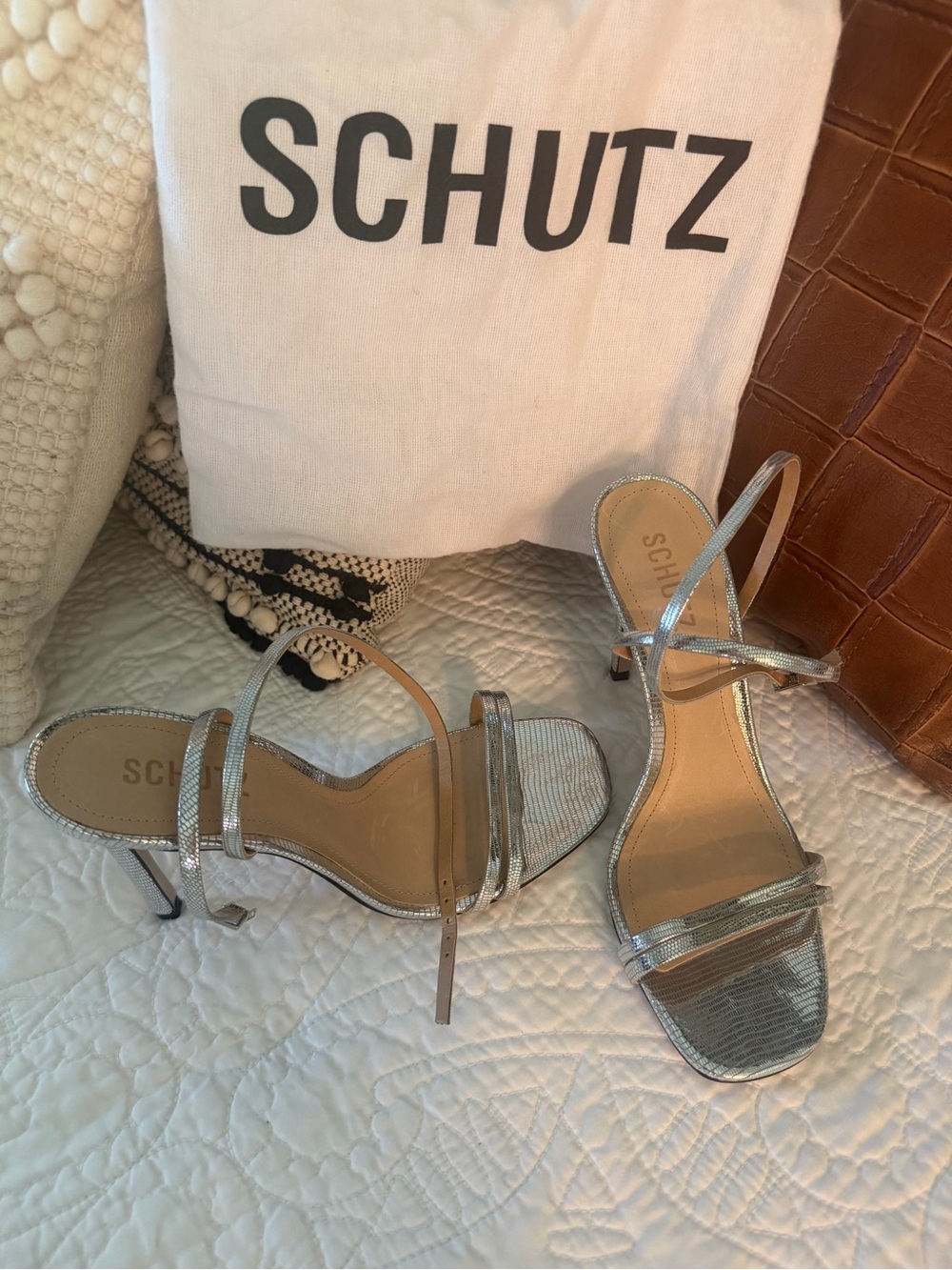 SCHUTZ Metallic Silver Strappy Stiletto Sandals sz 8